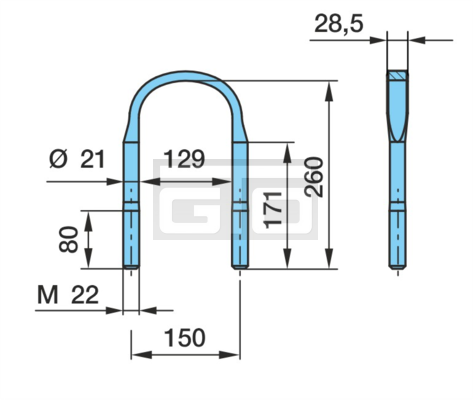 SPRING U-BOLT M22X260X150 R90/R48 FLACH