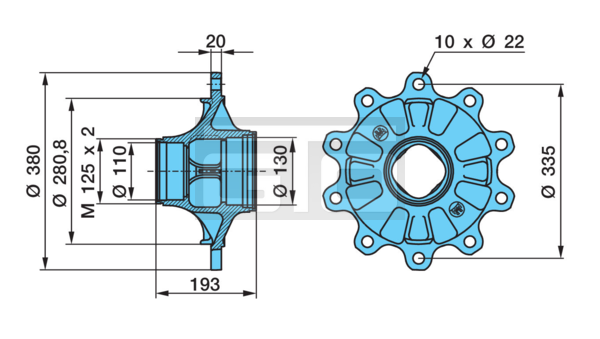 HUB HZF ECOL 8010 M125 x 2 / Ø 110/130 / 280,8 / 10 x Ø 22 / 335
